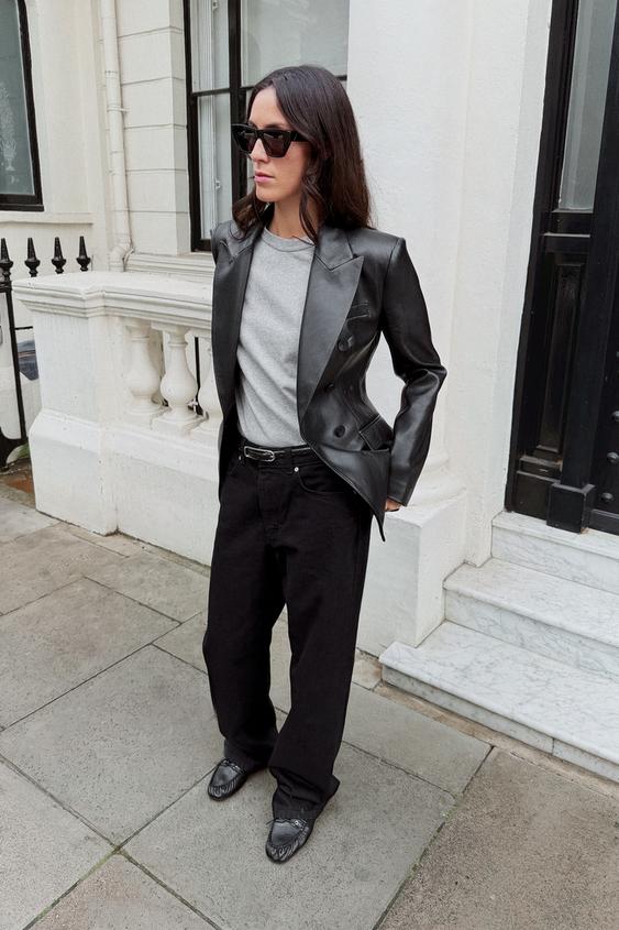 Zara FAUX LEATHER DOUBLE-BREASTED BLAZER - Black - Image 0