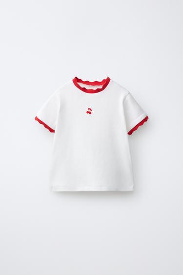 RIBBED T-SHIRT WITH CONTRAST EMBROIDERY - Red by Zara