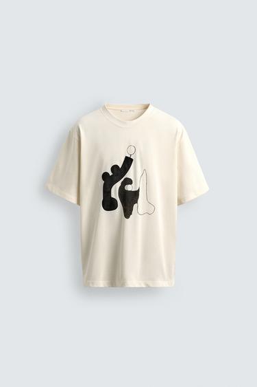 T-SHIRT GRAPHIQUE EN CONTRASTE - Écru / Beige de Zara
