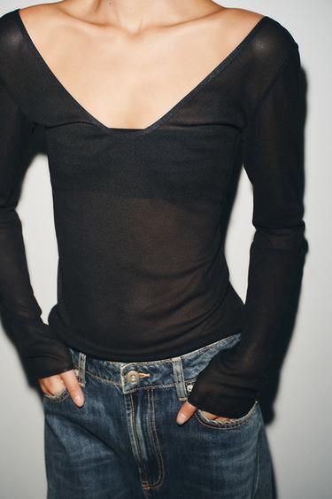 SEMI-SHEER LONG SLEEVE TOP - Black by Zara - Image 1
