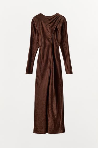 CREASED-EFFECT PLEATED MIDI DRESS - Brown by Zara