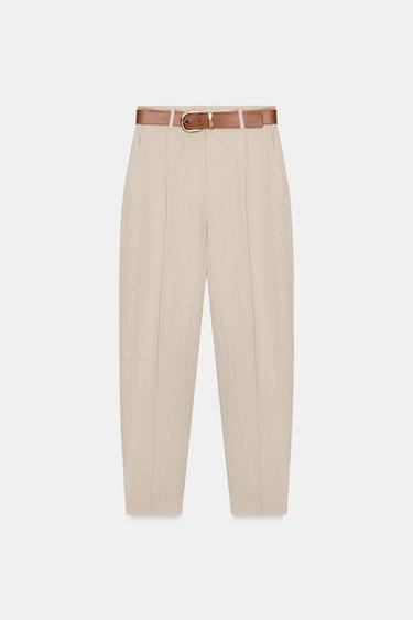 PANTALÓN CON LINO PINZAS CINTURÓN - Beige claro de Zara