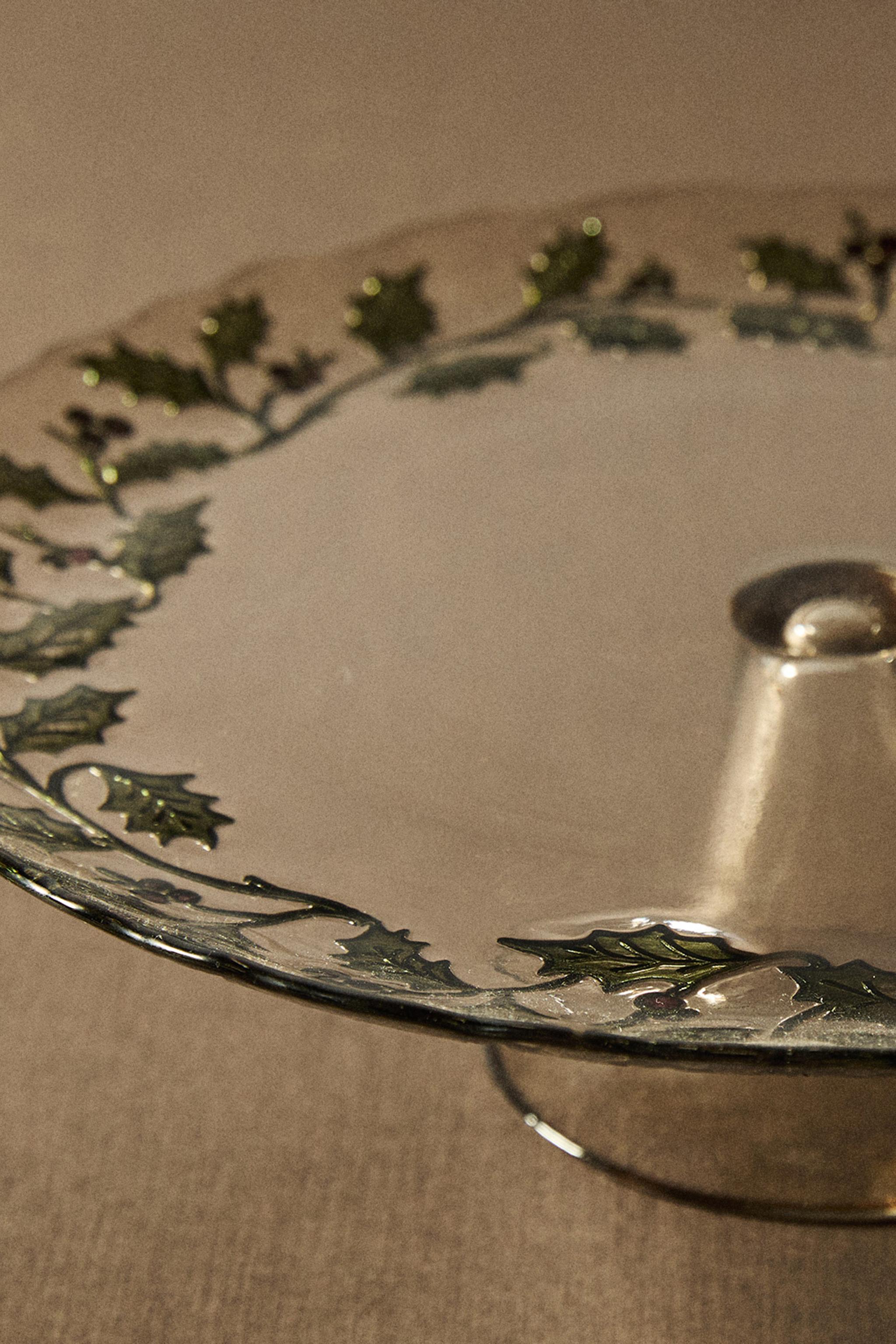 CHRISTMAS HOLLY LEAF GLASS CAKE DISH