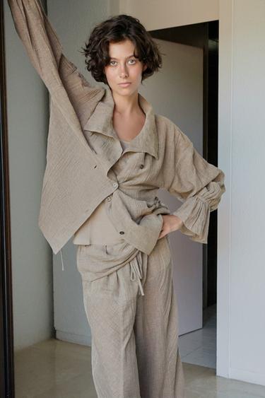 PANTALÓN MEZCLA LINO TEXTURA - Marrón / Topo de Zara - Imagen 0
