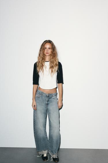 Zara TRF MID-RISE FOLDED BAGGY JEANS - Blue