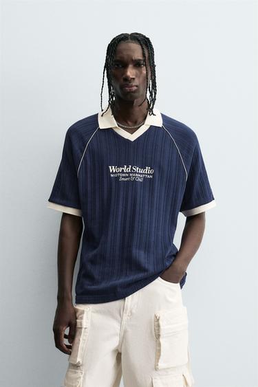 Zara EMBROIDERED JACQUARD POLO SHIRT - Navy blue
