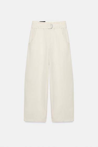 Zara BELTED BAGGY PANTS - Ecru
