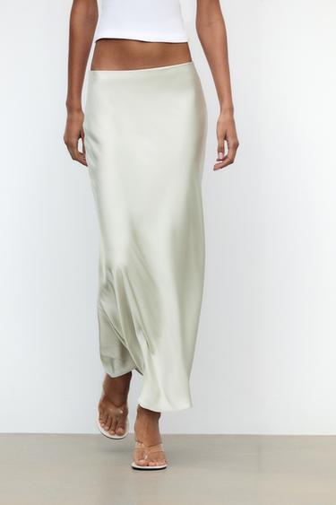 Zara SATIN EFFECT MIDI SKIRT - Gray green