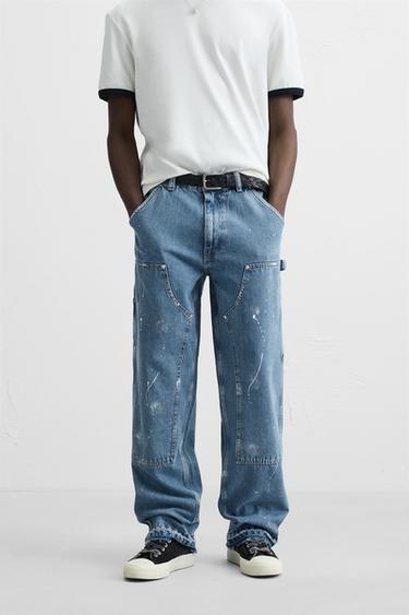 Zara STRAIGHT FIT RIPPED CARPENTER JEANS - Blue