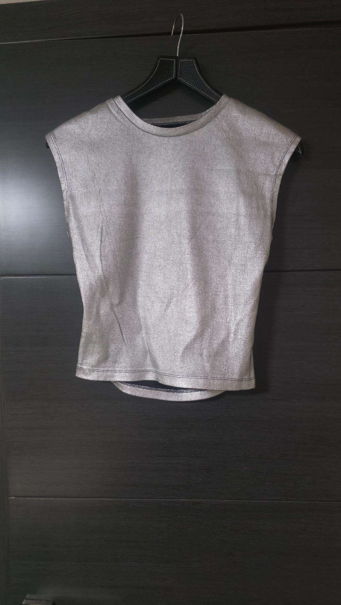 Silver sleeveless top with a shiny, ribbed finish, hanging on a black hanger against a dark wood door.