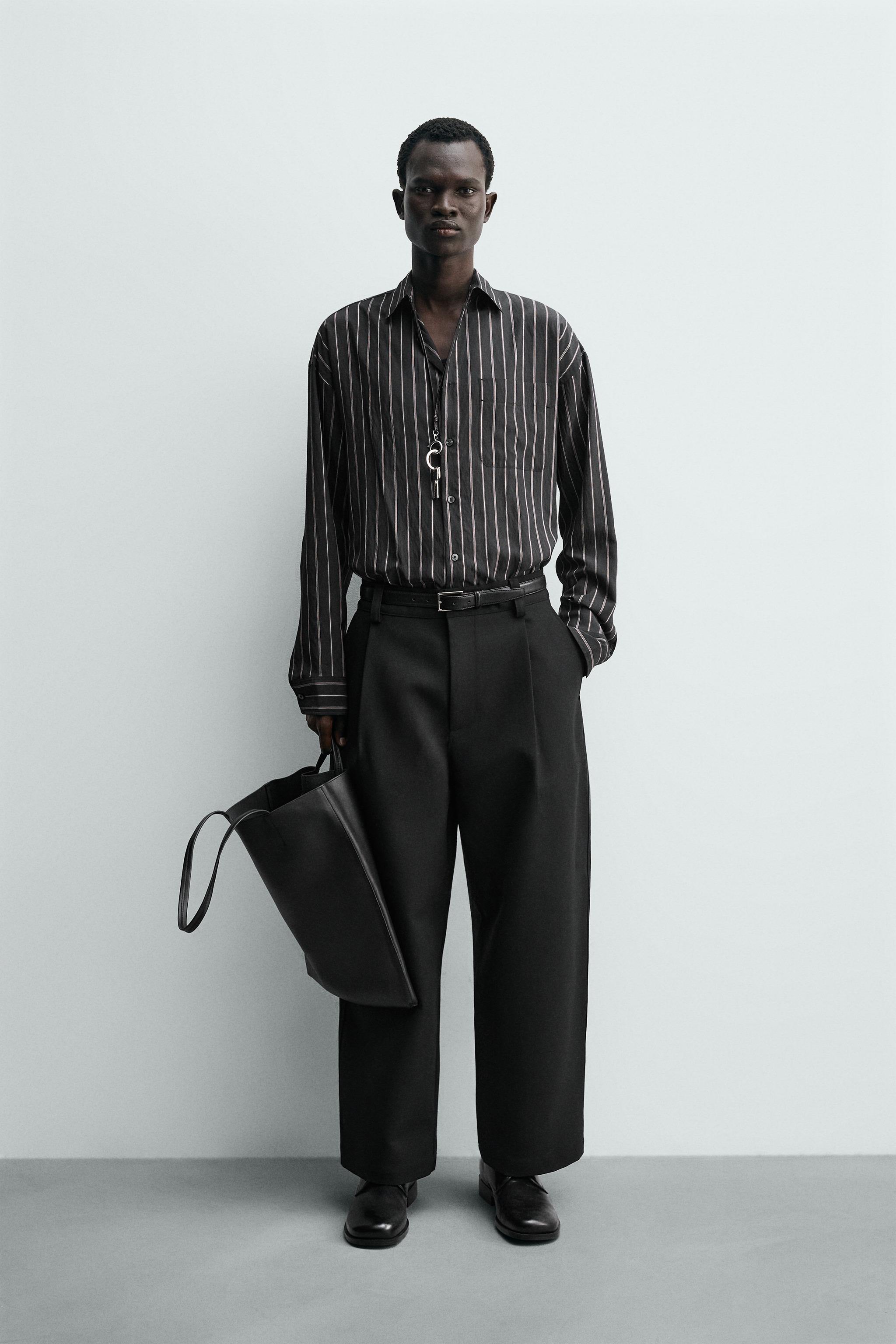 Zara - Flowy Striped Shirt - Black - Xl - Man Zara - Flowy Striped Shirt - Black - Xl - Man