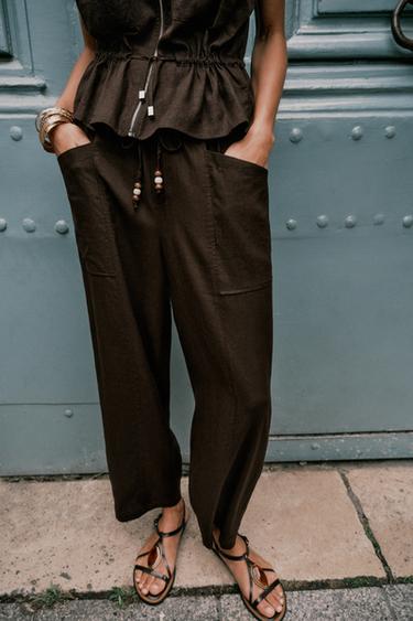 LINEN BLEND TROUSERS WITH BEADED DRAWSTRING - Brown by Zara