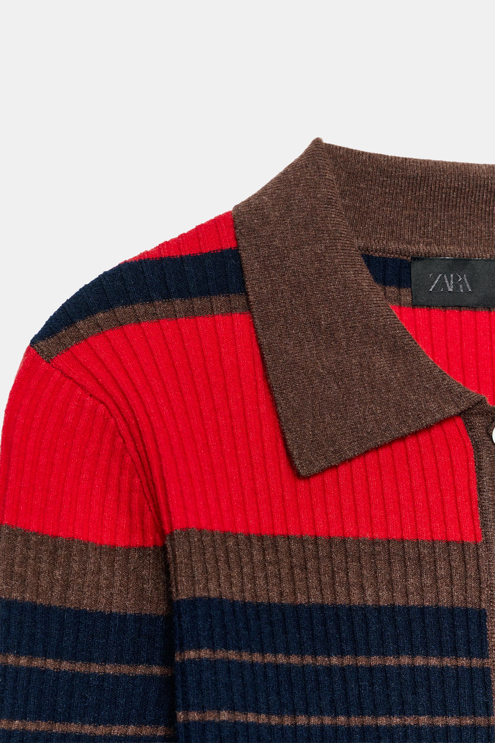 STRIPED RIBBED KNIT POLO JACKET