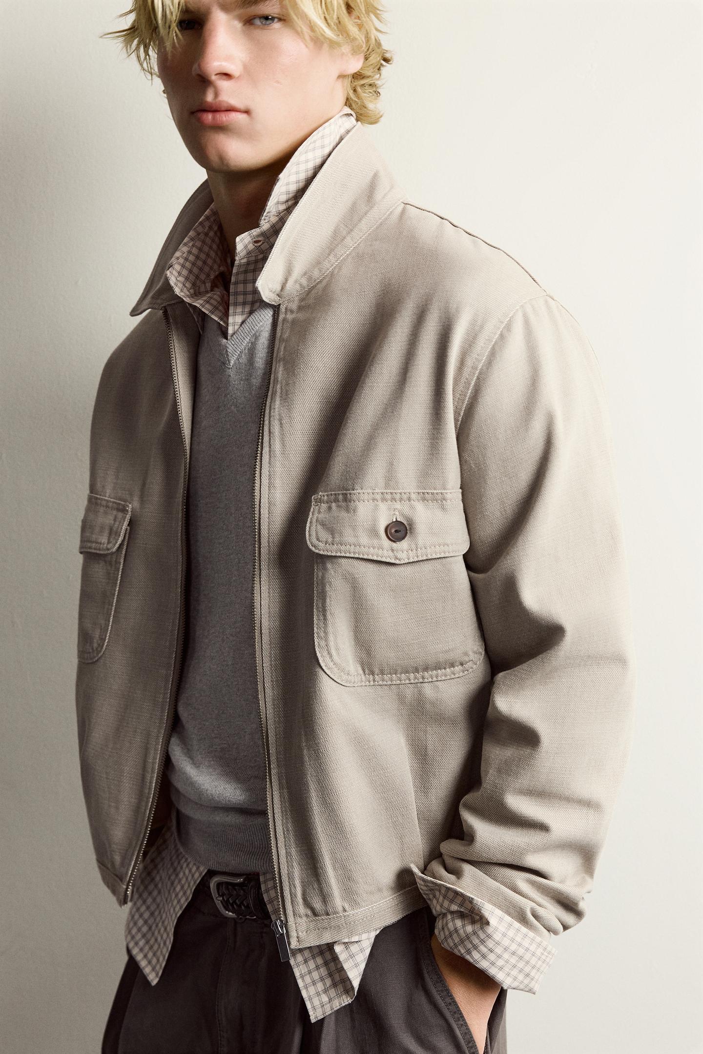Мужская рубашка Zara Waxed Effect Cropped Overshirt, цвет: Экрю — фото 6