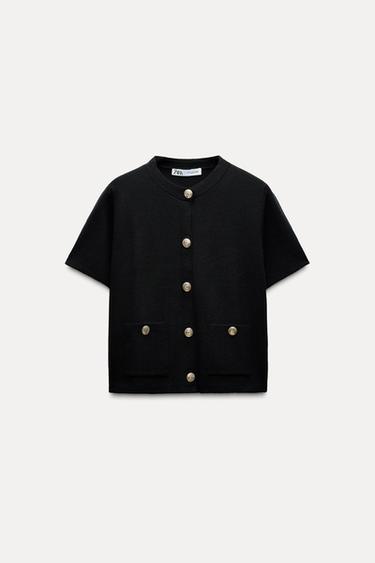 Zara BASIC SHORT SLEEVE KNIT CARDIGAN - Black