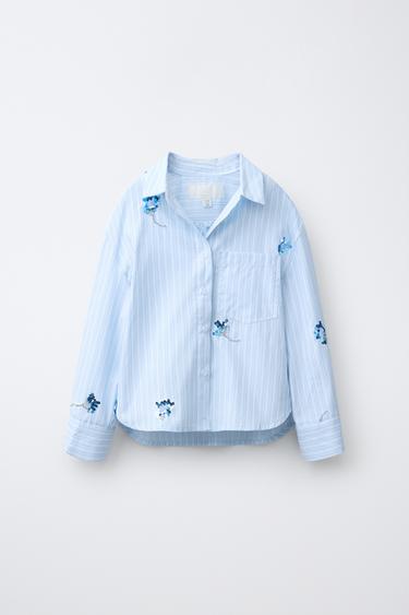 CHEMISE ET TOP RAYURES FLEURS PAILLETTES - Bleu de Zara - Image 1