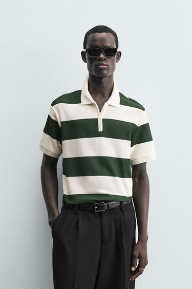 Zara QUARTER ZIP POLO - Ecru / Green