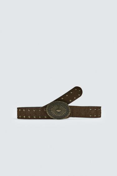 HAIRY LEATHER STUDDED BELT - Tobacco by Zara