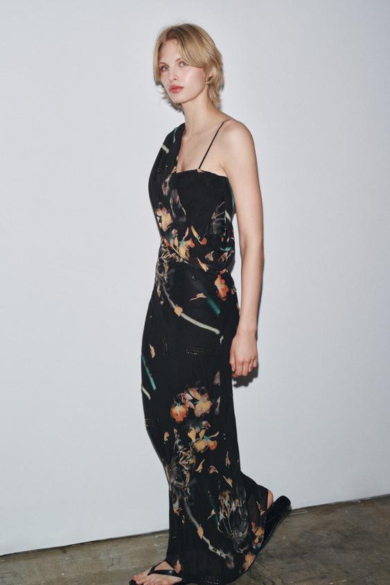 BEADED PRINTED CAPE DRESS