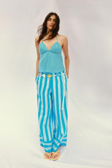 Zara STRIPED WIDE LEG PANTS - Turquoise - Image 0