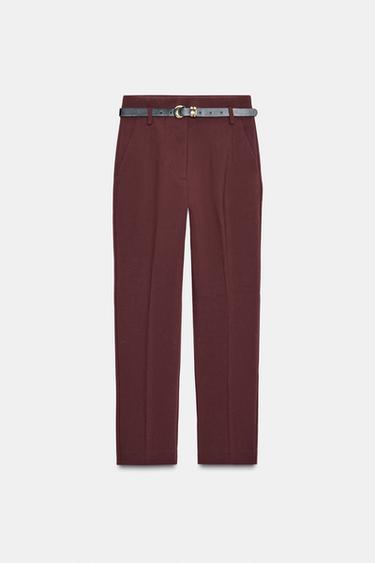 بنطلون خصر عال مع حزام - بورجندي الخاص بـ Zara