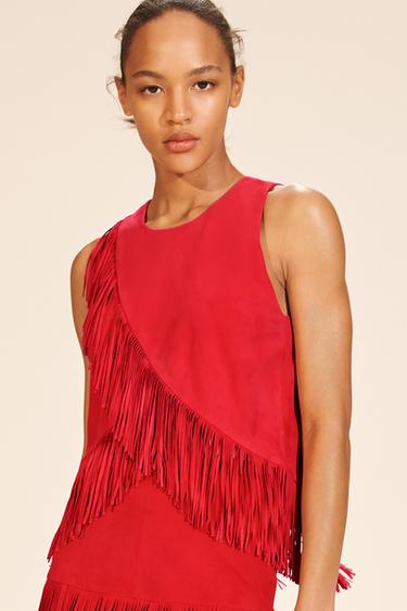 LIMITED EDITION SUEDE LEATHER FRINGED TOP - Red by Zara - Image 1