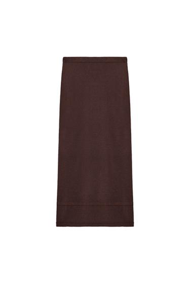 Zara FLOWY KNIT STRAIGHT SKIRT - Chocolate