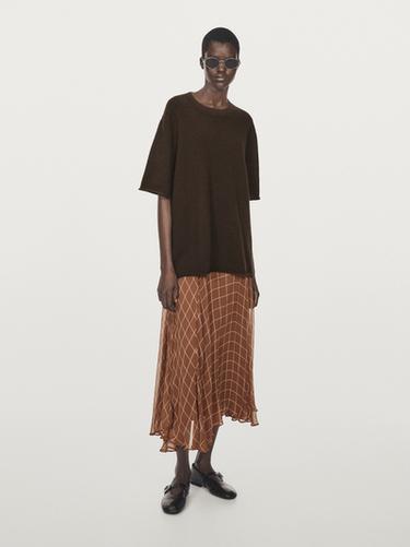 Jupe longue fluide à carreaux - Marron de Zara