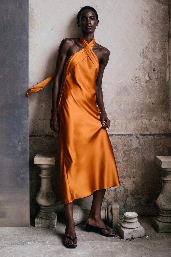 zara orange dress Midi Size Medium 12 With Tags  Follow The Clothes ZARA WOMAN COLLECTIONDress made from a cotton blend yarn SATIN HALTER MIDI DRESS -