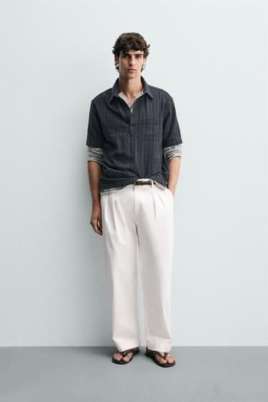 Zara TEXTURED STRIPED POLO SHIRT - Navy blue