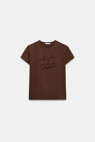 SHORT SLEEVE SLOGAN T-SHIRT - Brown by Zara