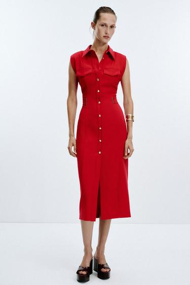 ĐẦM MIDI VẢI CREPE CHIẾT EO - Màu đỏ từ Zara - Hình ảnh 0