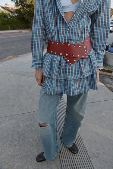 SHORT CHECKED DRESS WITH BELT AND RUFFLES - Brown-Blue by Zara - Image 6