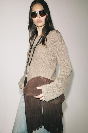 Zara SPLIT LEATHER HANDBAG - Brown - Image 0