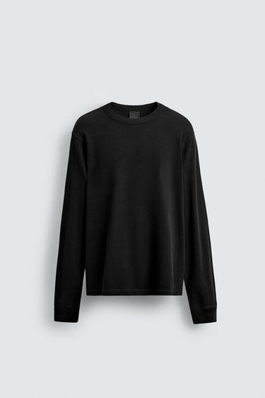 Zara WAFFLE WEAVE T-SHIRT - Black