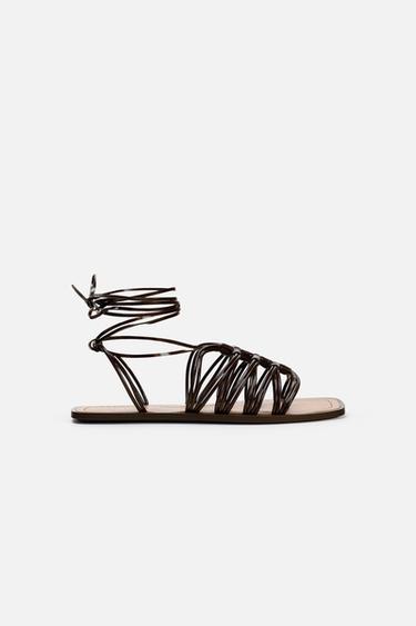 TIE-UP FLAT MULTI-STRAP SANDALS - Brown by Zara