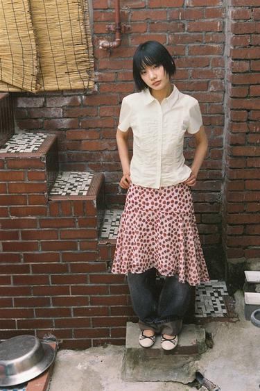 미디 프린트 스커트 - Zara 크림 / 레드