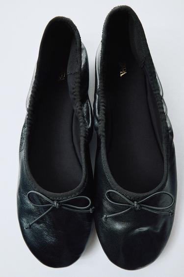 Zara RUFFLED LEATHER BALLET FLATS - Black