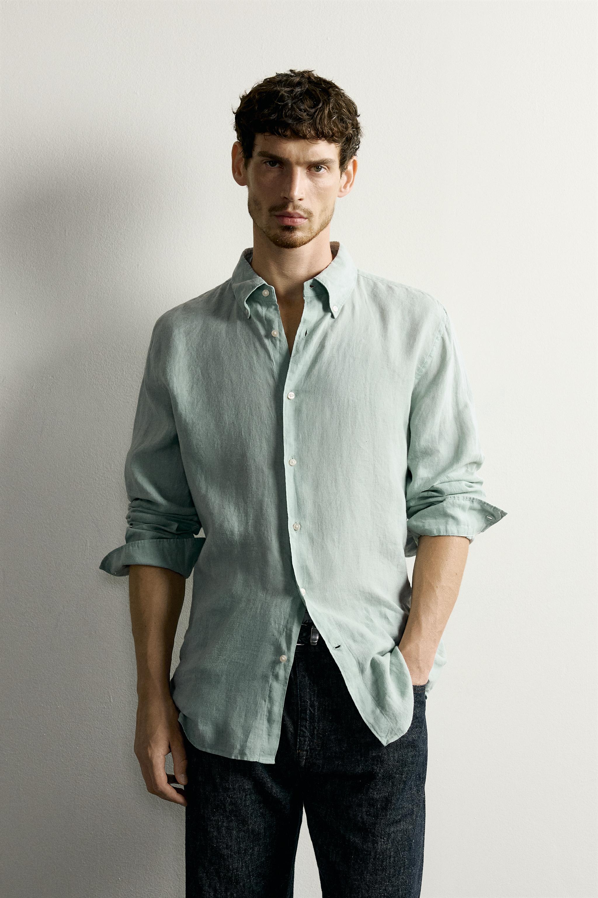100% LINEN REGULAR FIT SHIRT — Blue / Green