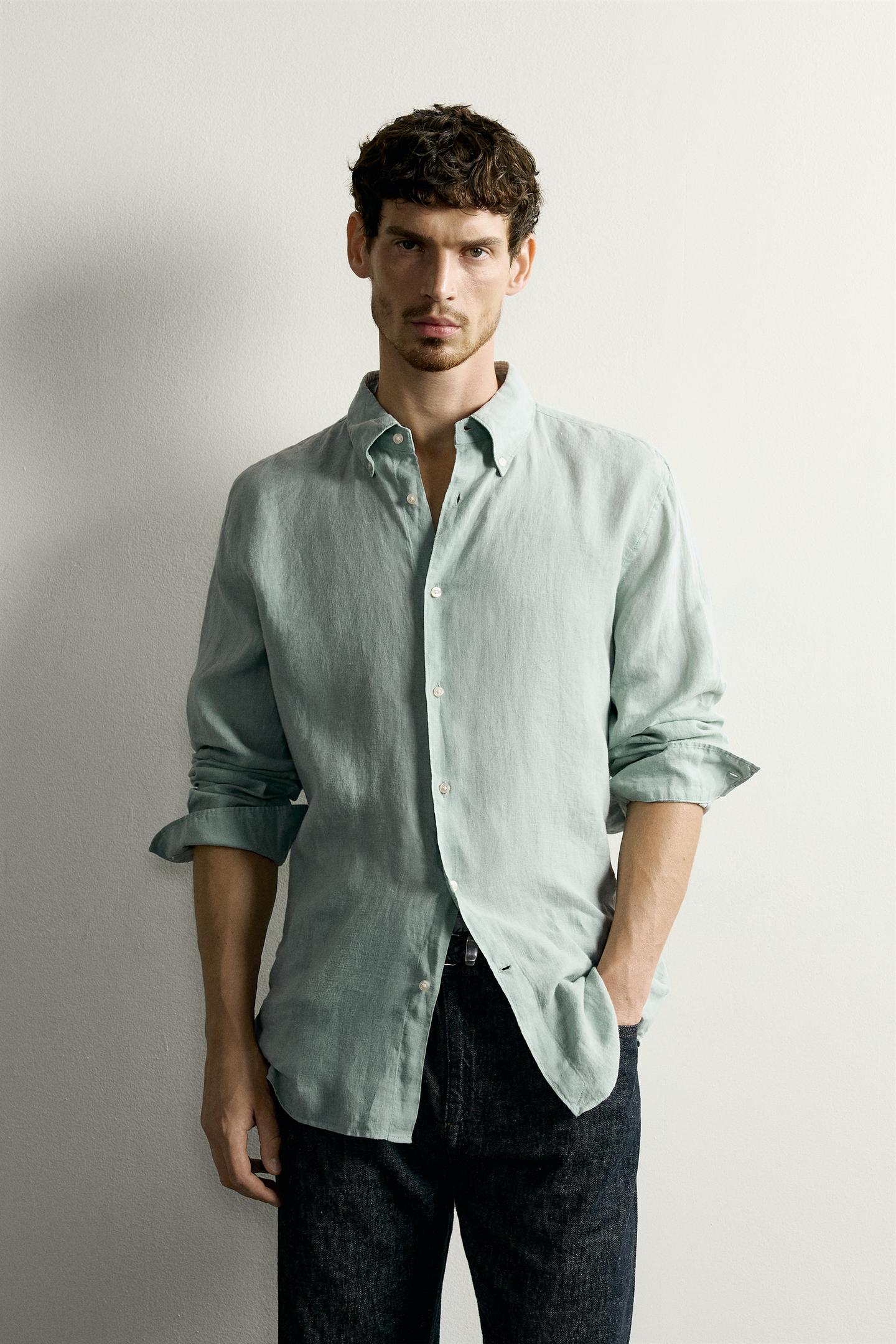 Мужская рубашка Zara 100% Linen Regular Fit, цвет: Синий / Зелёный — фото 2