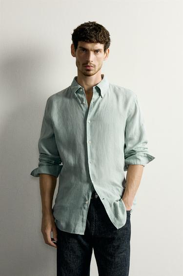 100% LINEN REGULAR FIT SHIRT — Blue / Green 2