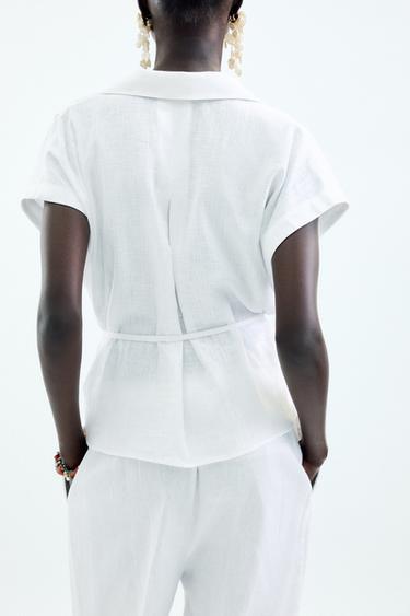 LINEN BLEND BELTED BLOUSE - White by Zara - Image 3