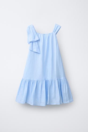 LINEN DRESS WITH BOW - Sky blue by Zara