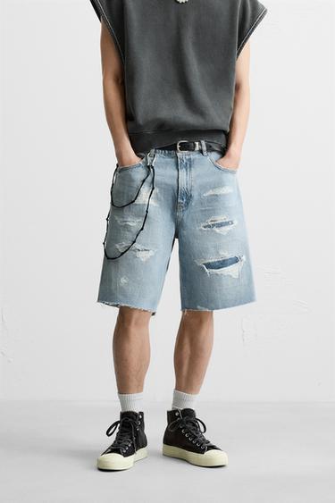 Zara RIPPED DENIM SHORTS - Light blue