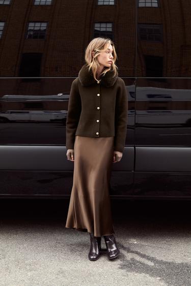 VESTE EN MAILLE AVEC COL EFFET FOURRURE - Marron foncé de Zara - Image 0