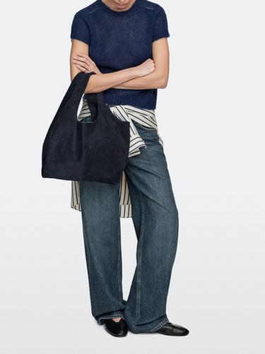 Zara Medium split leather shopper bag - Navy blue - Image 0