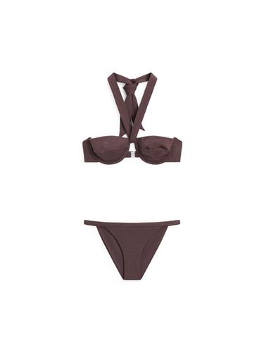 Zara Textured bikini top with underwire and tied neck - Brown