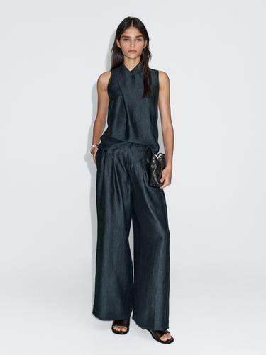 Zara Loose-fitting linen blend trousers - Navy blue - Image 0