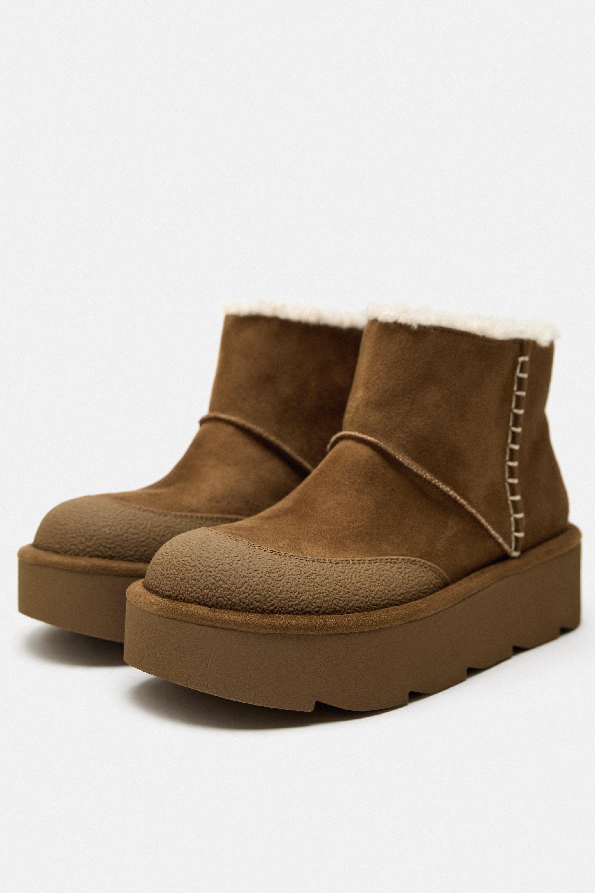 FLAT FAUX SHEARLING ANKLE BOOTS Brown ZARA Angola