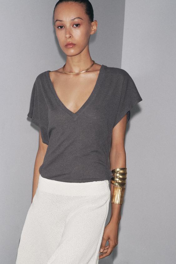 Maglia Estiva Donna Con Scollo A V E Maniche A Sbuffo - Body Elegante In Tessuto Maglione Corto - Foto 5